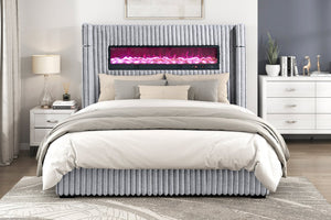 English Elm Luxury Queen Wingback Bed Gray Corduroy Upholstered with Fireplace and Speaker B011P484441