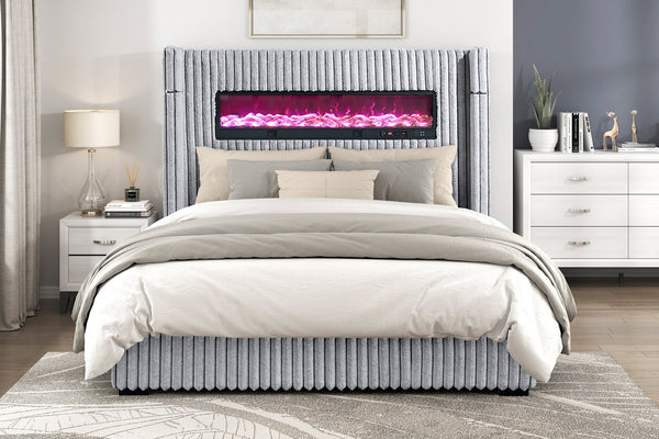 English Elm Luxury Queen Wingback Bed Gray Corduroy Upholstered with Fireplace and Speaker B011P484441