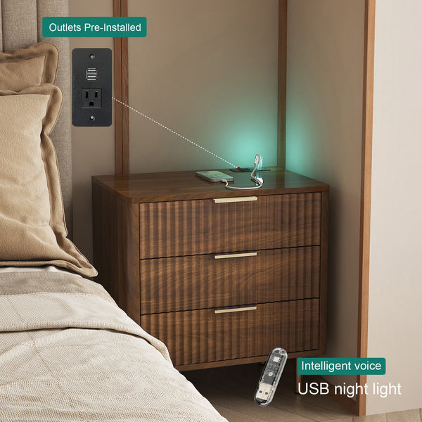English Elm Nightstand With Smart Charging Station & Led Night Light - Modern Storage Solution For Bedrooms W1321P374364