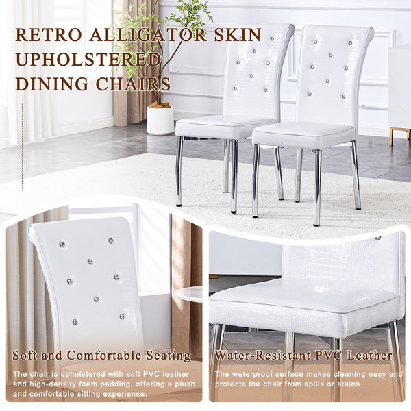 English Elm Set of 4 Glam Faux Leather Dining Chairs with Crystal Buckle and Gold Tone Legs White W3226P311055