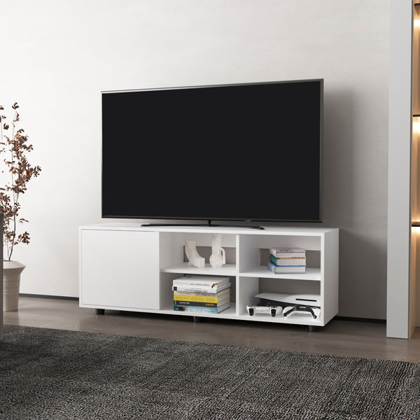 English Elm Roseland White TV Stand with Sliding Door, 4 Open Shelves, Engineered Wood, Modern Minimalist Design B092P269938