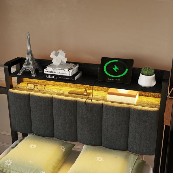 English Elm Full Full over Twin Metal Bunk Bed with Desk, Bookshelves, LED Lighting & USB Charge Station, Black W2580S00040