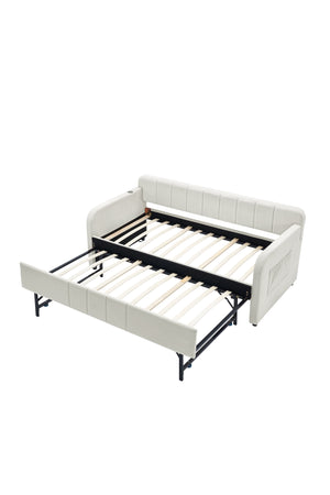 English Elm Twin Upholstered Daybed with Trundle Sofa Bed for Guest Room, Pine Wood Frame, Velvet Upholstery, Sturdy Slat Support and Full-Length Comfort Beige W1361S00020