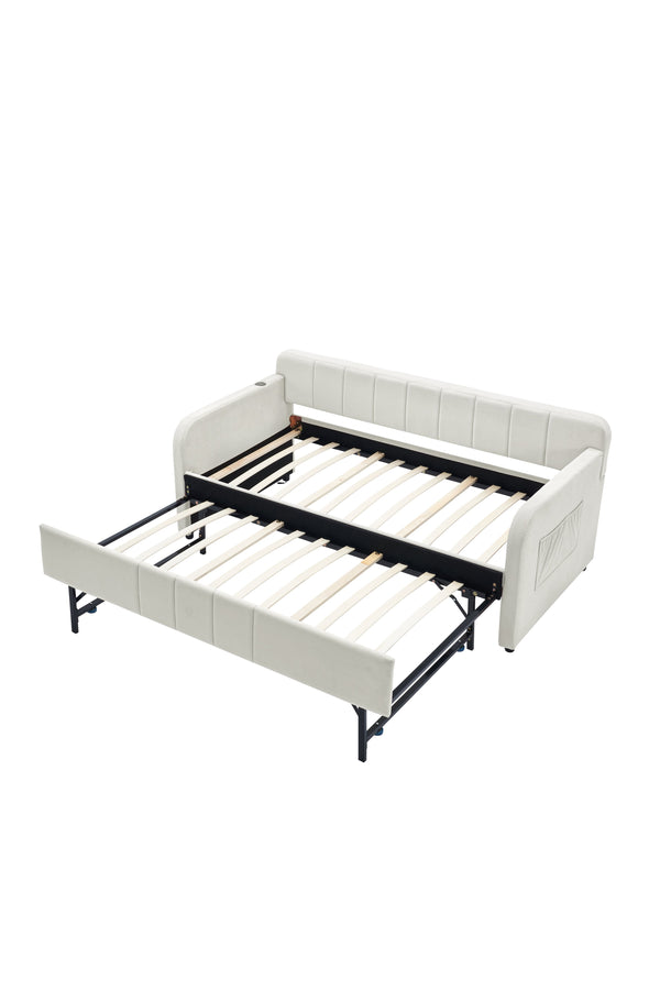 English Elm Twin Upholstered Daybed with Trundle Sofa Bed for Guest Room, Pine Wood Frame, Velvet Upholstery, Sturdy Slat Support and Full-Length Comfort Beige W1361S00020