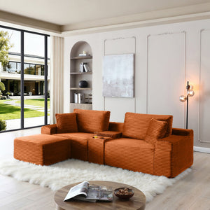 English Elm Modular Cloud Sectional Sofa with Corduroy Deep Seating Usb Ports and Storage Ottoman Orange W1117S00363