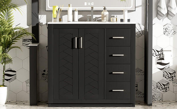 English Elm 36'' Bathroom Vanity with Ceramic Sink Combo Solid Wood Frame Soft-Closing Drawers Ample Storage Elegance Black N710P243327B