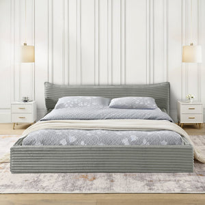 English Elm Queen Upholstered Platform Bed Frame In Grey Velvet With Curved Headboard - No Box Spring Needed! W487S00340-GIGA