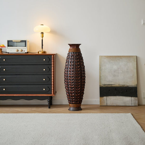 English Elm A 39-inch hand-woven bamboo floor vase in Acacia Wood PVC finish — 37.75" tall modern rattan decor for entryway W2796P283884