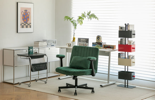 English Elm Green Linen Velvet Criss Cross Office Chair with Wheels, Adjustable Height, Pillow & Ergonomic Design W3394P336176