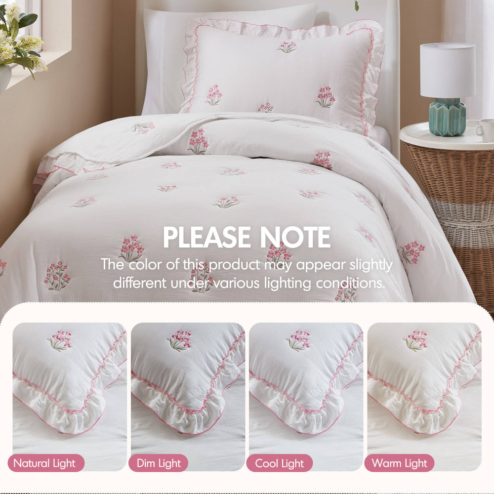 English Elm 2-piece Floral Embroidered Twin Quilt Set Romantic Ruffled Border Soft Down Alternative Fill White+Pink B035P463191