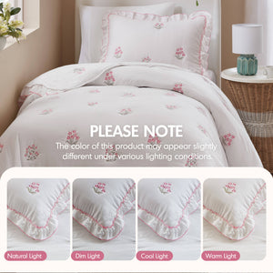 English Elm 2-piece Floral Embroidered Twin Quilt Set Romantic Ruffled Border Soft Down Alternative Fill White+Pink B035P463191