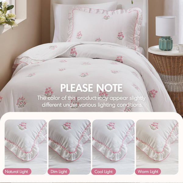 English Elm 2-piece Floral Embroidered Twin Quilt Set Romantic Ruffled Border Soft Down Alternative Fill White+Pink B035P463191