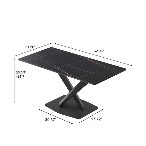 English Elm 63" Modern Sintered Stone Dining Table with Durable X-Leg Iron Base, Seats 6, 400 lb Capacity Black W1535S00532