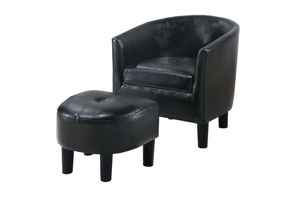 English Elm Sleek Black Faux Leather Accent Chair with Ottoman, Curved Barrel Back, Tapered Legs, Compact Comfort B011P369870