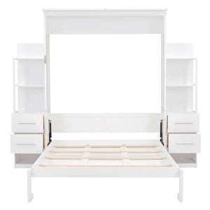 English Elm Queen Murphy Wall Bed with Led Lighting Open Shelves Drawers Space Saving Cabinet LP000566AAK-4