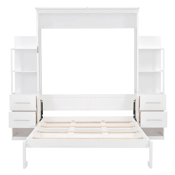 English Elm Queen Murphy Wall Bed with Led Lighting Open Shelves Drawers Space Saving Cabinet LP000566AAK-4