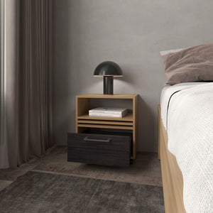 English Elm Saxon Modern Nightstand with Drawer & Open Shelf, Natural Oak Finish, Minimalist Bedroom Storage B128P263722