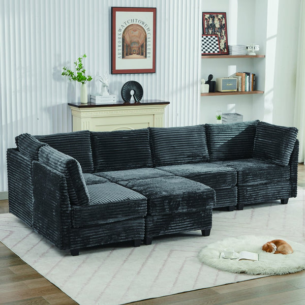 English Elm Corduroy Plush U-Shaped Sectional Sofa with Storage Ottoman, Pet-Friendly Durable Modular Comfort Grey W2915S00064