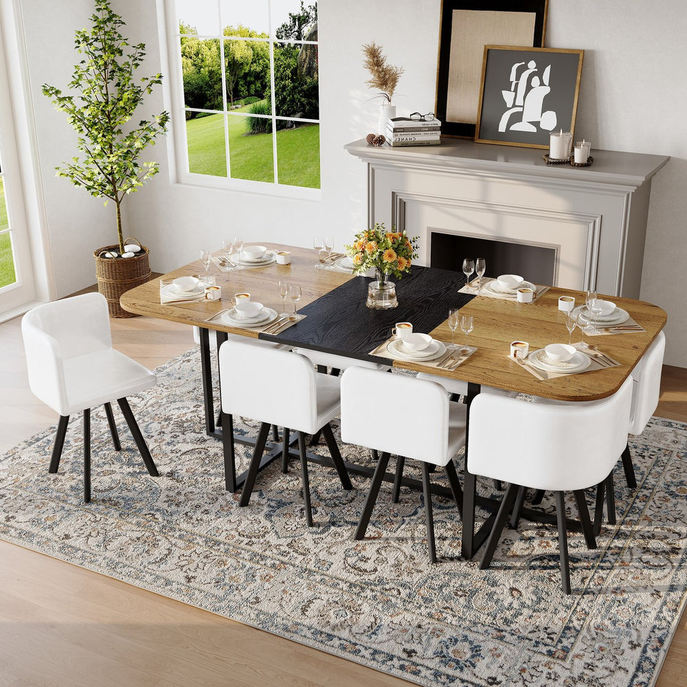 English Elm 9-piece Square Dining Set Two-tone Wood Table with 8 White Faux Leather Chairs W3875S00140