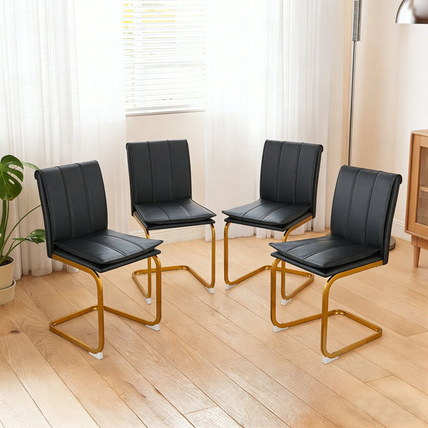 English Elm Modern Pu Leather Cantilever Dining Chairs Set of 4 with Steel Arc Frame for Kitchen Black+Gold W5123P454213