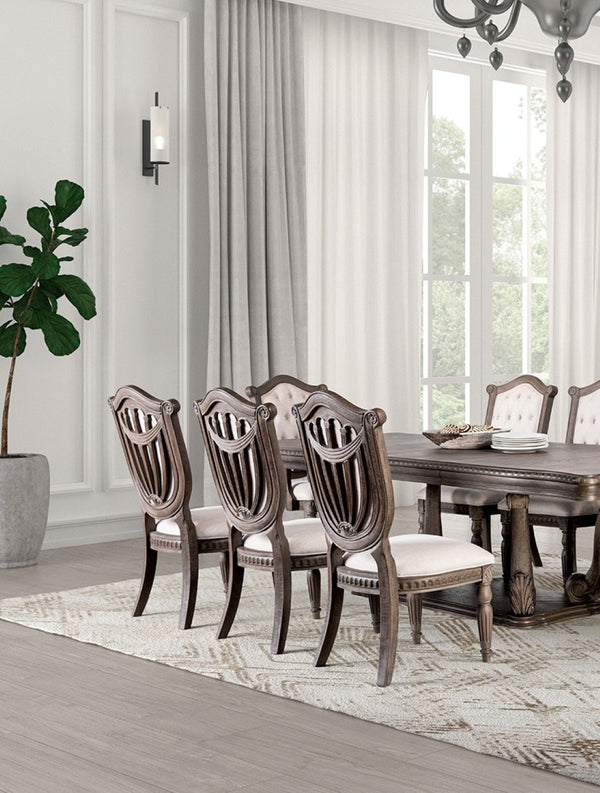 English Elm Vintage Luxury Dining Room Furniture Set - Weathered Oak 7-Piece Table & Beige Tufted Chairs B2741S00752-GIGA