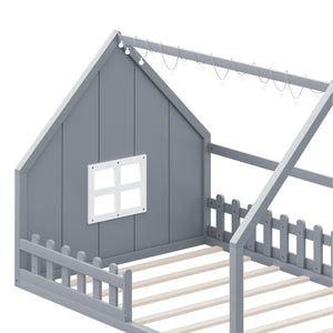 English Elm Full House Bed Frame with Window & Fence Playhouse Design, Sturdy Pine/MDF, Safe 400lb Capacity Gray N709P215545E