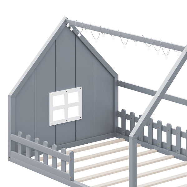 English Elm Full House Bed Frame with Window & Fence Playhouse Design, Sturdy Pine/MDF, Safe 400lb Capacity Gray N709P215545E