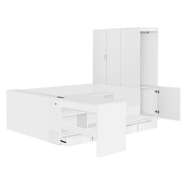 English Elm Full Size Wooden Platform Bed With Integrated Desk, 6 Drawers, Wardrobe & Modern Shelves, White Finish N820S00060K