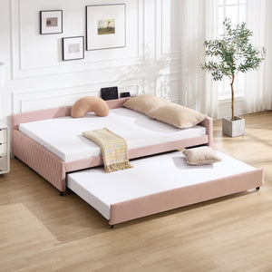 English Elm Upholstered Velvet Daybed with Pull Out Trundle Diamond Tufted Guest Bedroom Sofa Pink W1361S00066