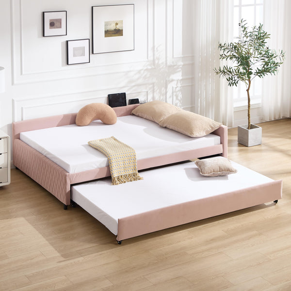 English Elm Upholstered Velvet Daybed with Pull Out Trundle Diamond Tufted Guest Bedroom Sofa Pink W1361S00066