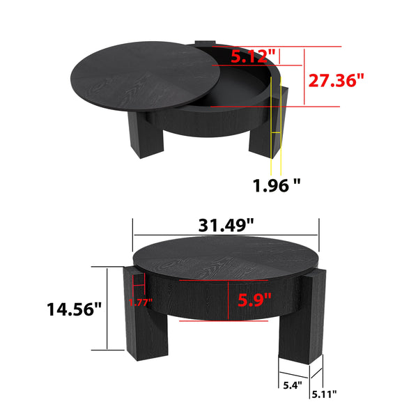 English Elm 33'' Round Coffee Table Parquet Veneer Flip Top Hidden Storage Wabi-sabi Living Room Black W1435P419322