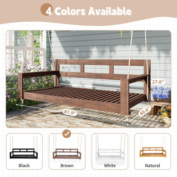 English Elm TOPMAX Acacia Wood Twin Porch Swing Bed Frame with High Back, 350lb Capacity & 118" Hemp Ropes Brown N717P265795D