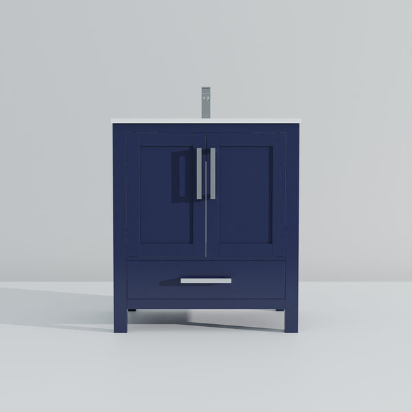 English Elm Navy 30" Bath Vanity with White Quartz Top, Soft-Close Drawer, Chrome Faucet & Spacious Storage B2731P259012