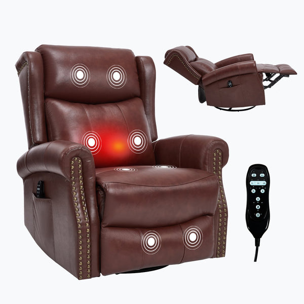 English Elm Heat Massage Rocker Swivel Recliner Genuine Leather Chair with Lumbar Vibration Nodes W3224S00014