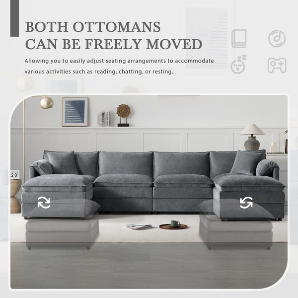 English Elm [video]136" Chenille U-shaped Sectional Six Seat Cloud Sofa with Movable Ottomans Dark Gray N723S1687B