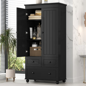 English Elm Tall Storage Cabinet With Three Drawers For Bathroom/Office, Black