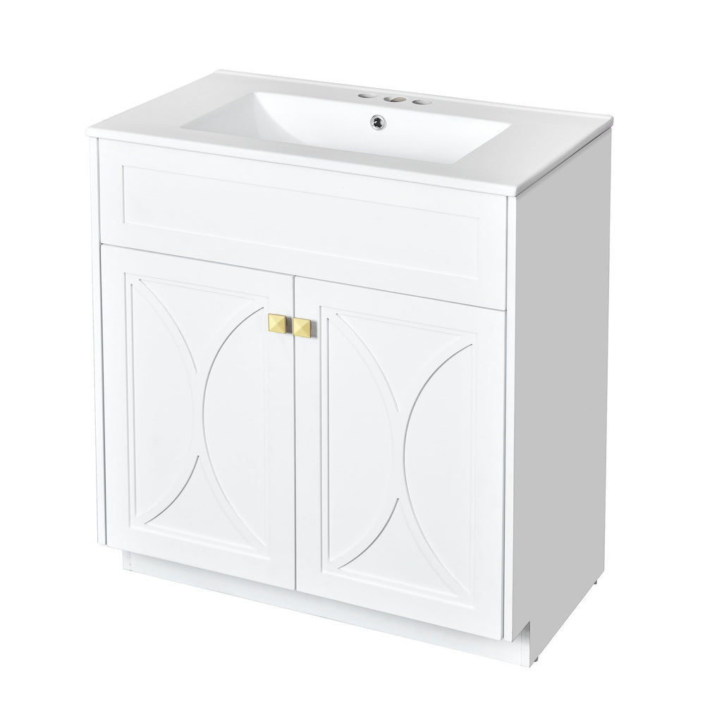 English Elm 30'' Bathroom Vanity With Ceramic Sink Combo - Modern Freestanding Cabinet, Gold Handles & Soft-Close Doors N710P194898K