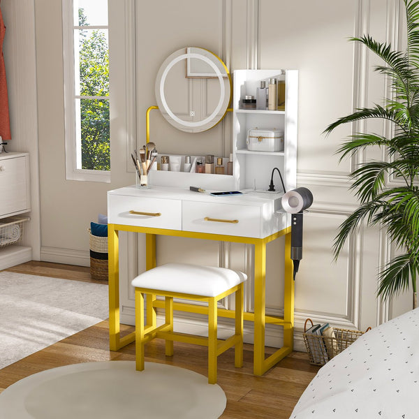 English Elm Makeup Vanity Table with LED Lights, Built-In Outlet & USB, Large Drawers, Hair Dryer Stand White W509P297014