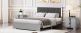 English Elm Queen Size Upholstered Bed With Led Lights,Modern Platform Bed With Velvet Headboard,Grey