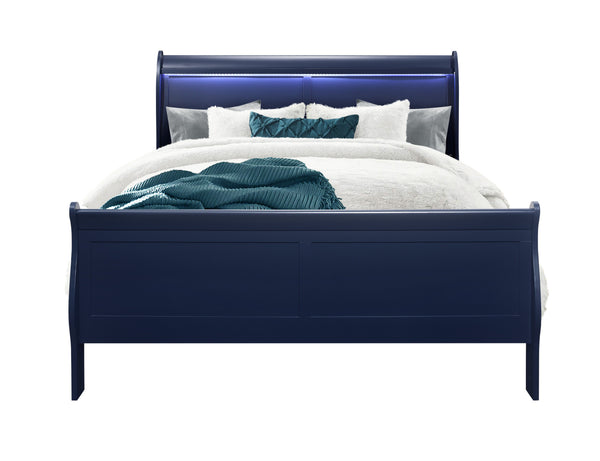 English Elm CHARLSTON Solid Wood Full Sleigh Bed with LED Headboard, Transitional Panel Design, Durable Finish Blue Queen B201S00005