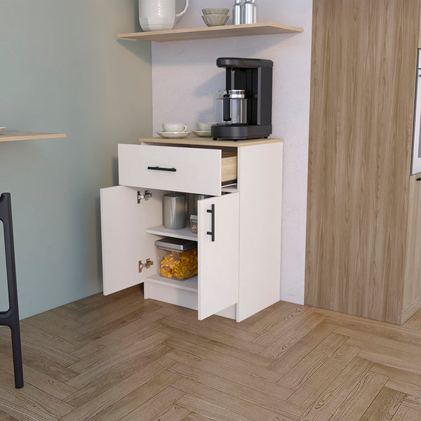 English Elm Pantry Netal Cabinet in Ivory & Natural Oak — Compact 33.5" H Storage with Countertop, Drawer & Shelves B092P243275