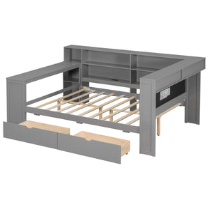 English Elm Wood Full Size Gaming Loft Bed with Integrated Desk, Shelves, LED Lighting & Hanging Clothes Rack Grey N7090001047E