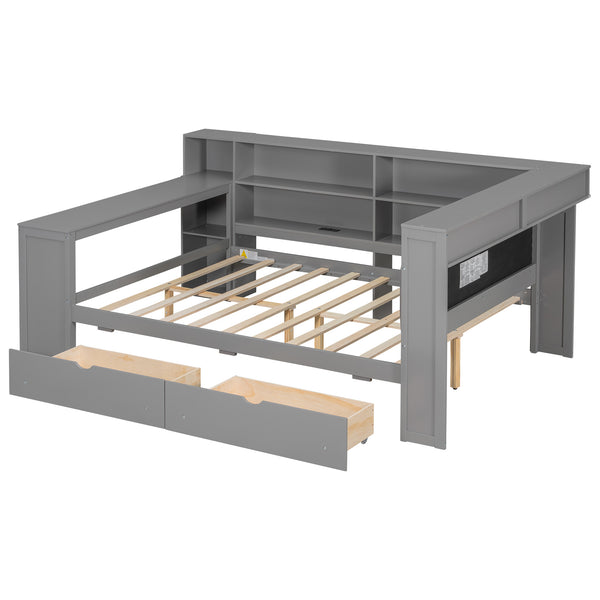English Elm Wood Full Platform Bed with Led Headboard Built-in Desk Charging Station and Storage Shelves Grey N7090001047E-1