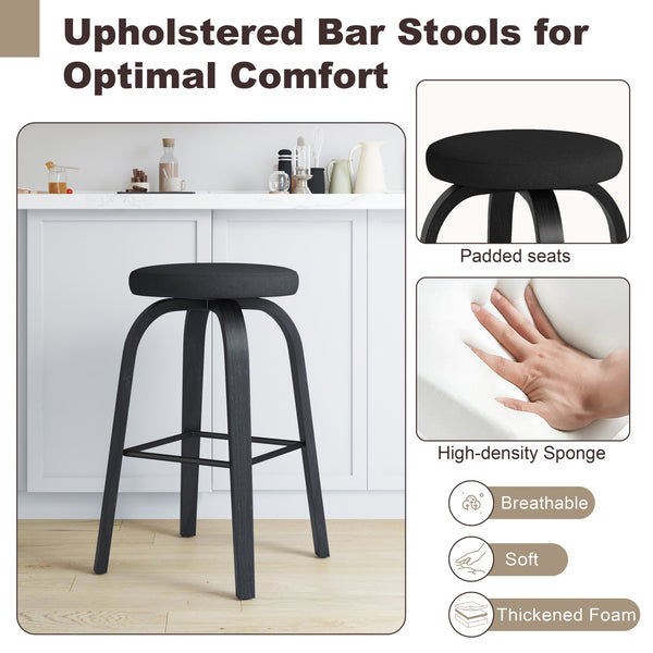 English Elm Swivel Backless Counter Stools Set of 2 with Fabric Seat Bentwood Legs Mid-century Modern Black W3107P446849