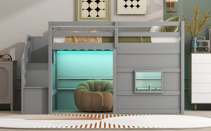 English Elm Twin Loft Bed Pinewood Frame with Storage Staircase Led Lighting and Window Cutout Gray GX000436AAE