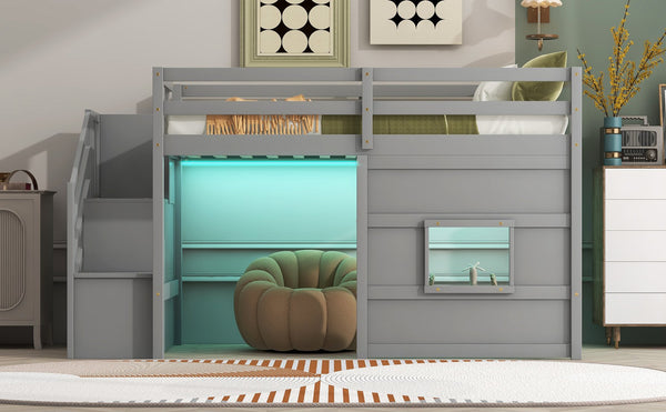 English Elm Twin Loft Bed Pinewood Frame with Storage Staircase Led Lighting and Window Cutout Gray GX000436AAE