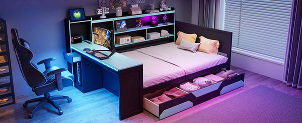 English Elm Full Size Gaming Bed Frame with Desk Led Lights Storage Drawers and Charging Station Black+Blue LP000289AAC