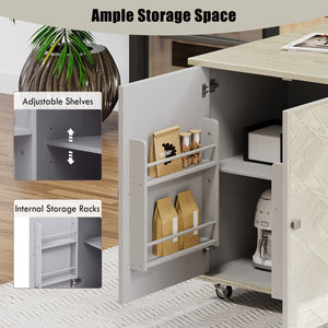 English Elm K&K Farmhouse Kitchen Island with 3D Wave Stripes Ash Veneer, Drop Leaf, Rolling Cart Storage Champagne N707P207916X