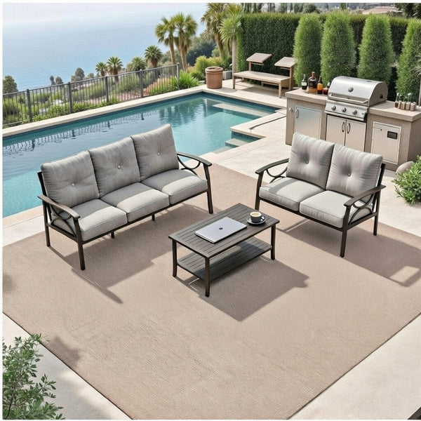 English Elm 3-piece Outdoor Steel Patio Conversation Set with Thick Cushions and Coffee Table Gray B082S00129
