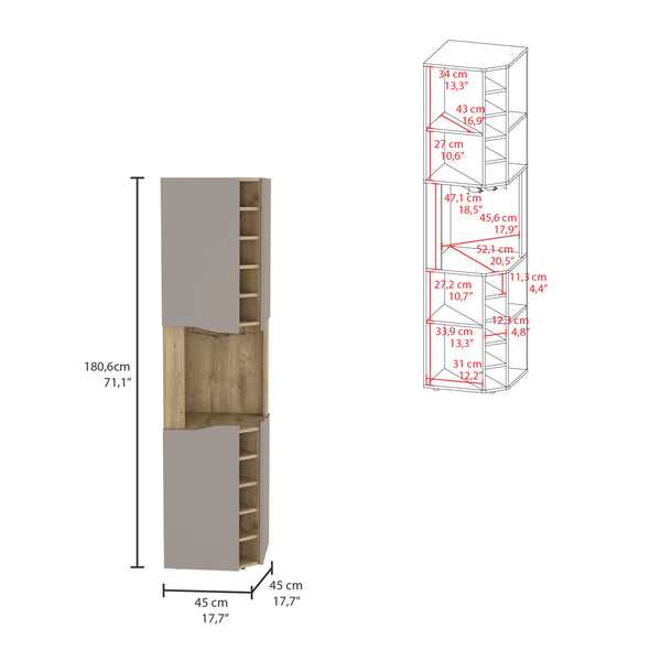 English Elm Obregon Corner Bar Cabinet with Ten Slot Wine Rack and Stemware Storage in Warm Neutral B200S00391